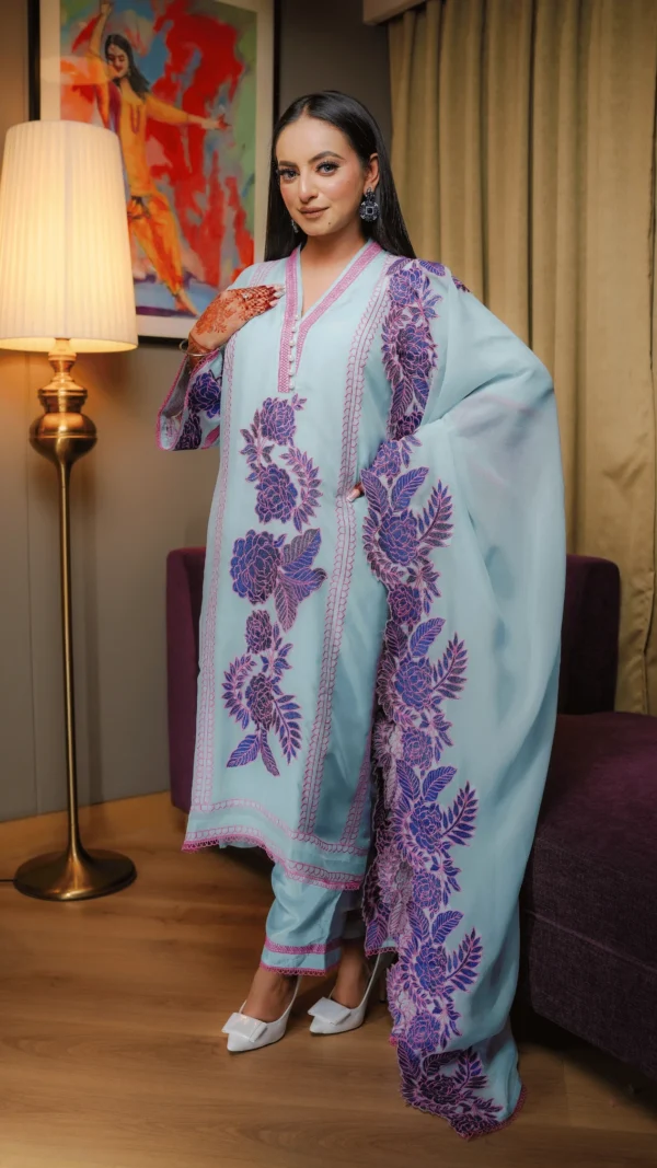 Shanaya Cut-Work Unstitched Embroidered Suit with Dupatta in Blue